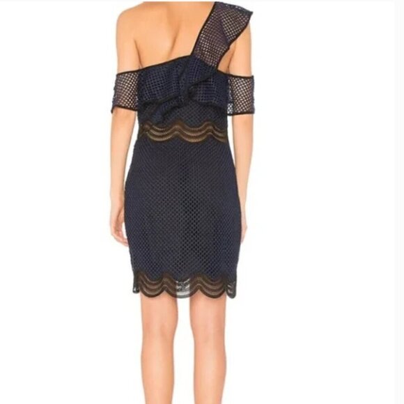 Saylor Luca Mini Dress Drop One Shoulder Navy Blue Mesh size Medium - Picture 3 of 16